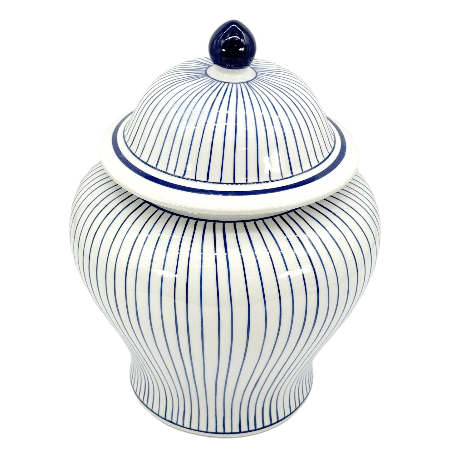 15.5" Blue & White Striped Wide Ceramic Ginger Jar
