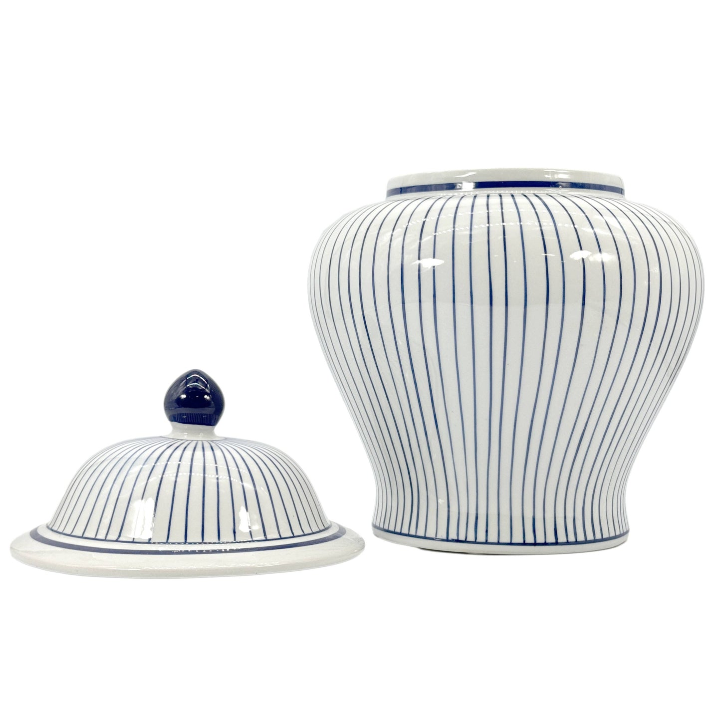 15.5" Blue & White Striped Wide Ceramic Ginger Jar