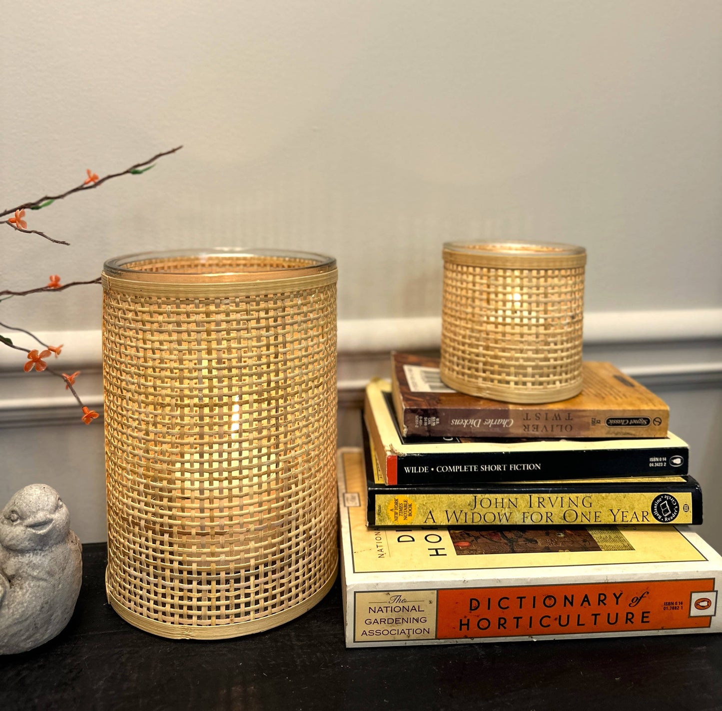 WEAVED RATTAN WRAPPED GLASS VASE/CANDLE HOLDER: Large