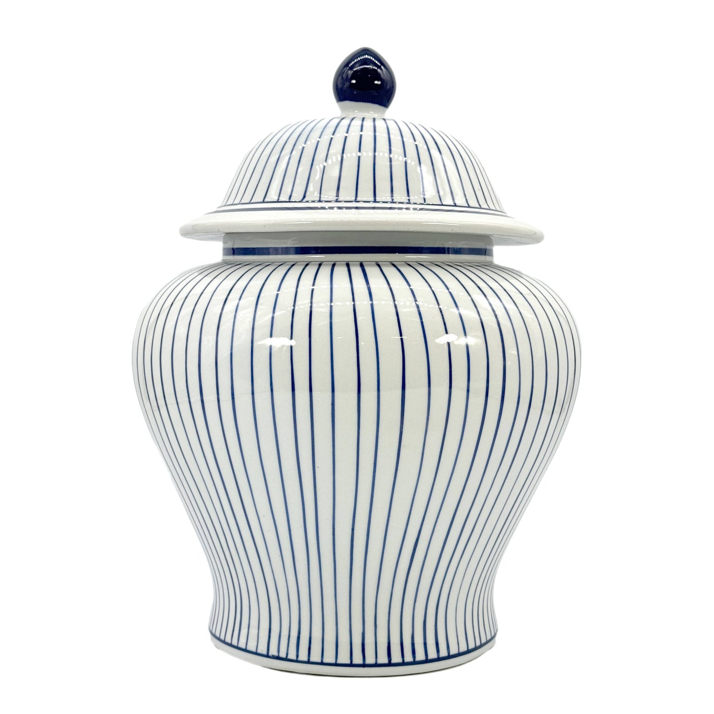 15.5" Blue & White Striped Wide Ceramic Ginger Jar