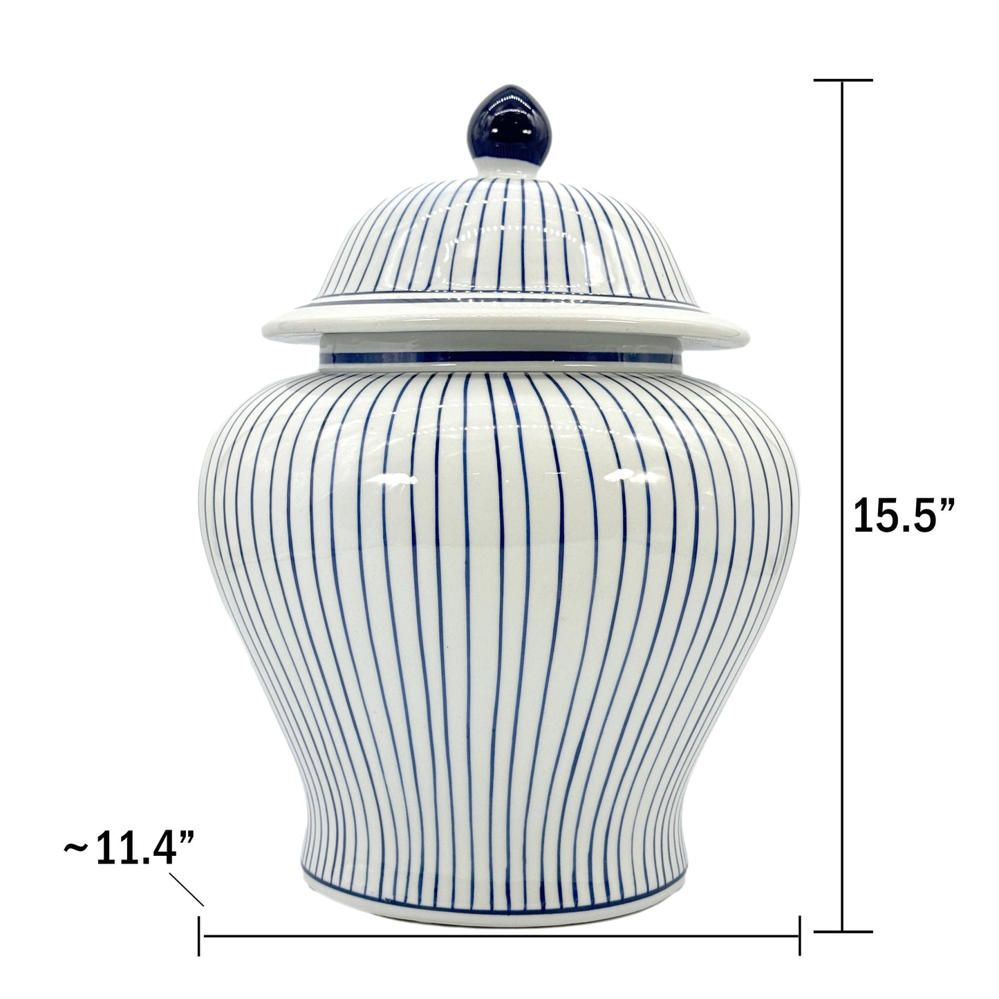 15.5" Blue & White Striped Wide Ceramic Ginger Jar