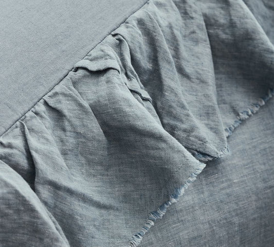 Sky Blue - 100% Pure Linen | Linen Cotton Mix | 3 Piece Ruffle Duvet Cover Set | Handmade | Pre-washed | Soft