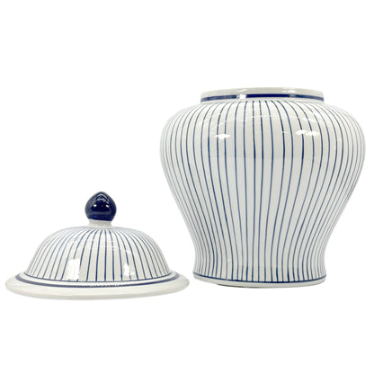 15.5" Blue & White Striped Wide Ceramic Ginger Jar