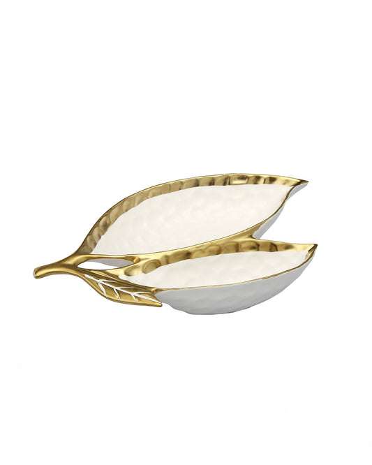 White  Porcelain Double Leaf Relish Dish with Gold Rim 15"