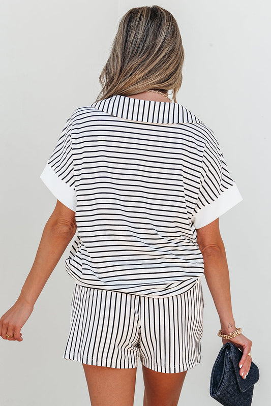 Stripe Collared V-Neck Tee & Shorts Set