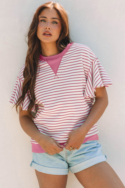 Stripe Contrast Detail Ruffle Short Sleeve Top