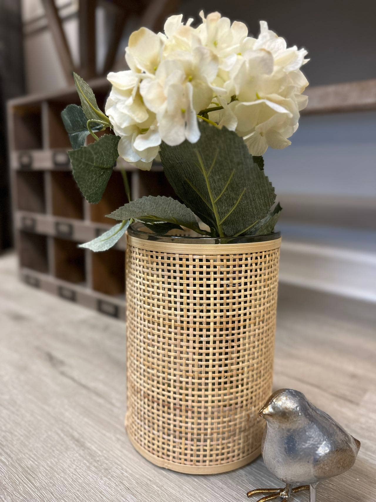 WEAVED RATTAN WRAPPED GLASS VASE/CANDLE HOLDER: Large