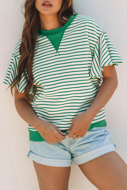 Stripe Contrast Detail Ruffle Short Sleeve Top
