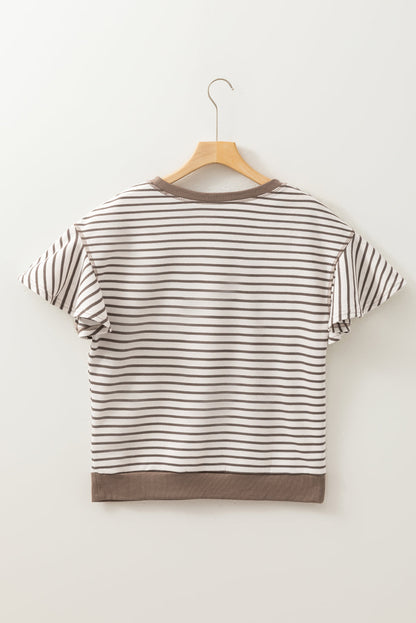 Stripe Contrast Detail Ruffle Short Sleeve Top
