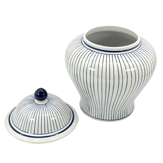 15.5" Blue & White Striped Wide Ceramic Ginger Jar