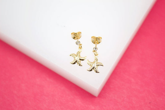 18K Gold Filled Star Fish Stud Dangle Earrings With CZ Stones