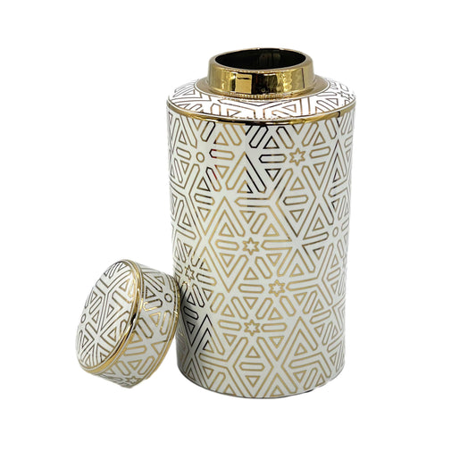 White and Gold Accent Ceramic Ginger Jar w/ Lid 16": Geo Hexagram