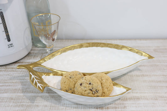 White  Porcelain Double Leaf Relish Dish with Gold Rim 15"