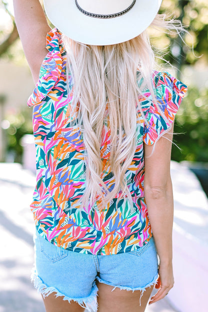 Abstract Floral Ruffle Flutter Sleeve Blouse