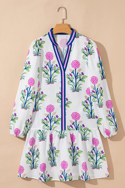 Floral Contrast Stripe Trim Notch Neck Dress