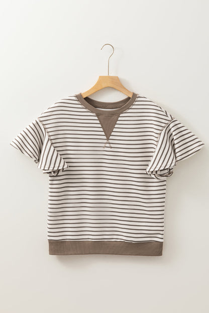 Stripe Contrast Detail Ruffle Short Sleeve Top
