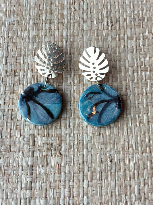 Blue and gold leaf dangling earrings