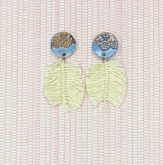 Blue and cream feather earring