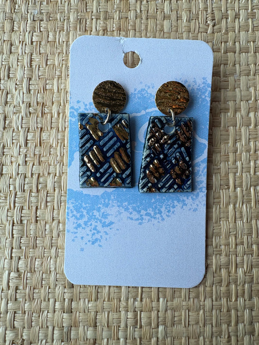 Blue and gold square dangling earrings