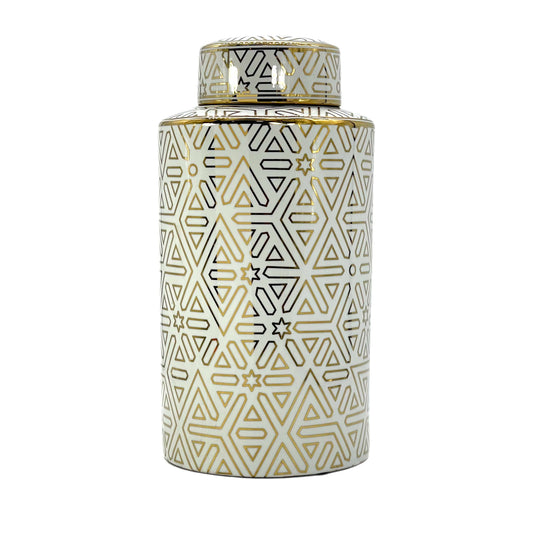 White and Gold Accent Ceramic Ginger Jar w/ Lid 16": Geo Hexagram