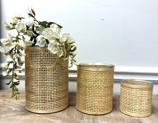 WEAVED RATTAN WRAPPED GLASS VASE/CANDLE HOLDER: Large