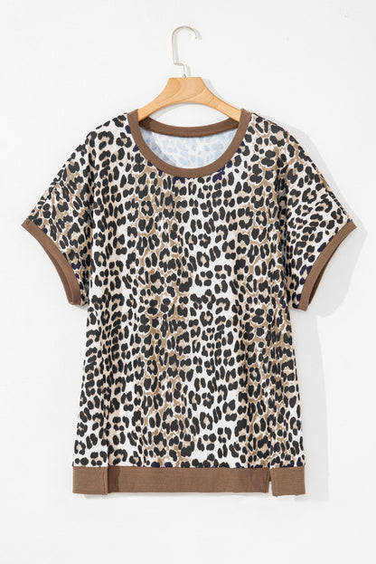 Plus Size Leopard Contrast Trim Short Sleeve Top