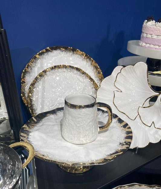 White Porcelain Sectional Leaf Plate Gold Edged 11.75"
