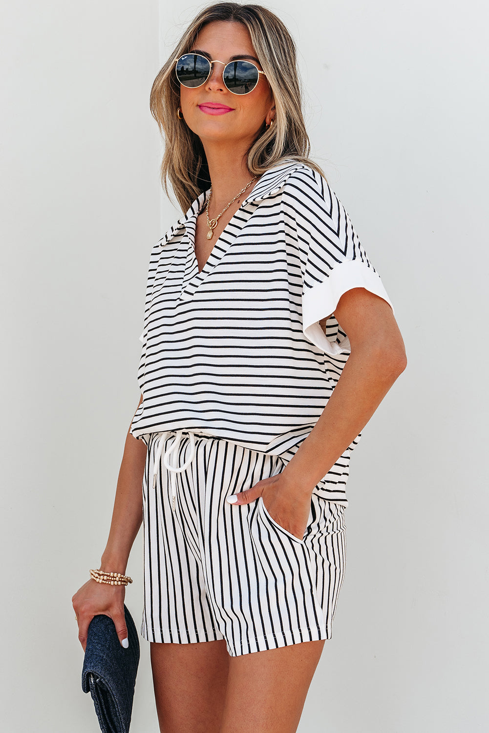 Stripe Collared V-Neck Tee & Shorts Set