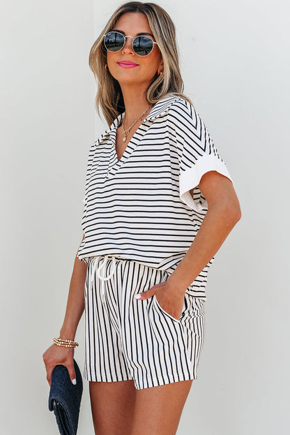 Stripe Collared V-Neck Tee & Shorts Set