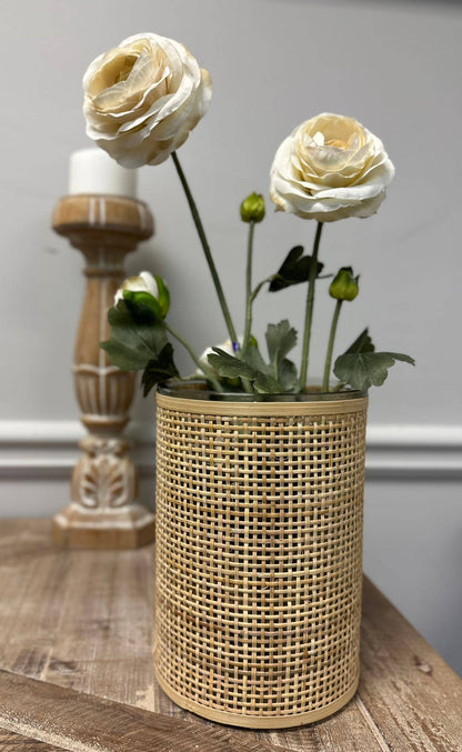 WEAVED RATTAN WRAPPED GLASS VASE/CANDLE HOLDER: Large
