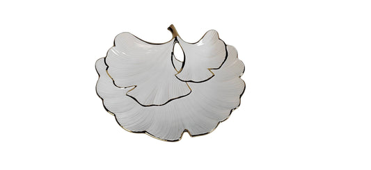 White Porcelain Sectional Leaf Plate Gold Edged 11.75"
