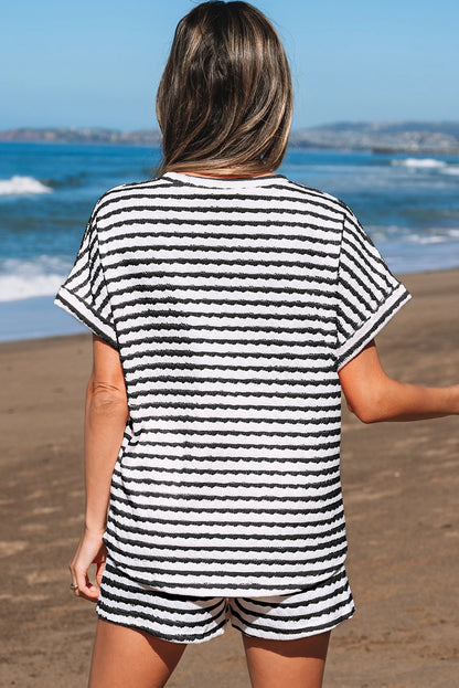 Stripe Knitted Top & Drawstring Shorts Set