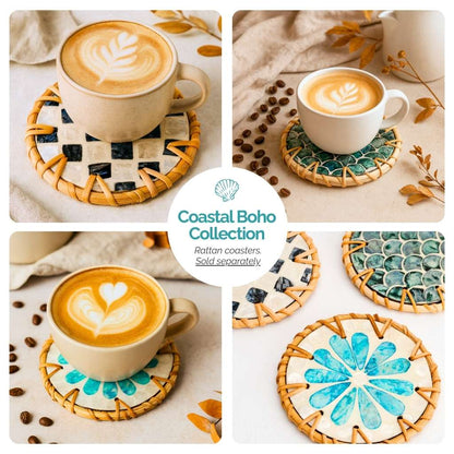 Handmade Natural Rattan & Mother of Pearl Coaster Set (6 Piece + Holder) • Cascade