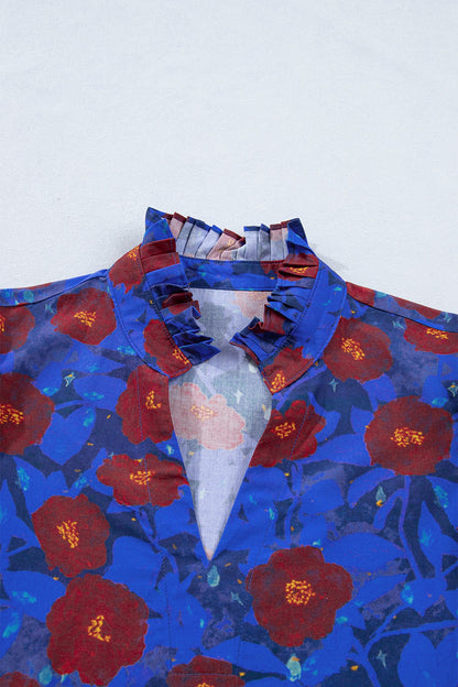 Floral Ruffle Frilled V-Neck Balloon Sleeve Blouse