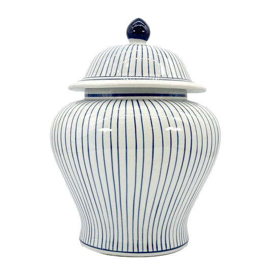 15.5" Blue & White Striped Wide Ceramic Ginger Jar