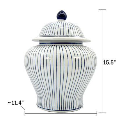 15.5" Blue & White Striped Wide Ceramic Ginger Jar