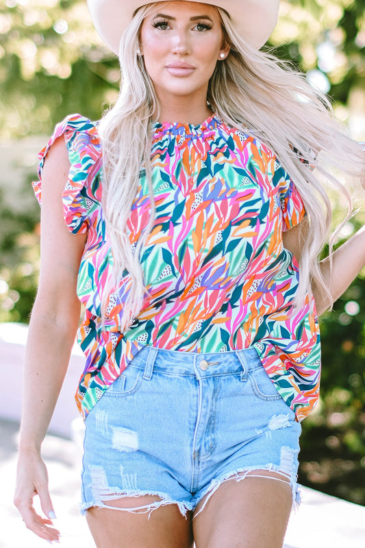 Abstract Floral Ruffle Flutter Sleeve Blouse