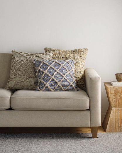 Brivan Blue and Ivory Tufted Diamond Lattice Cottage Recycled PET Yarn Outdoor Safe Accent Pillow