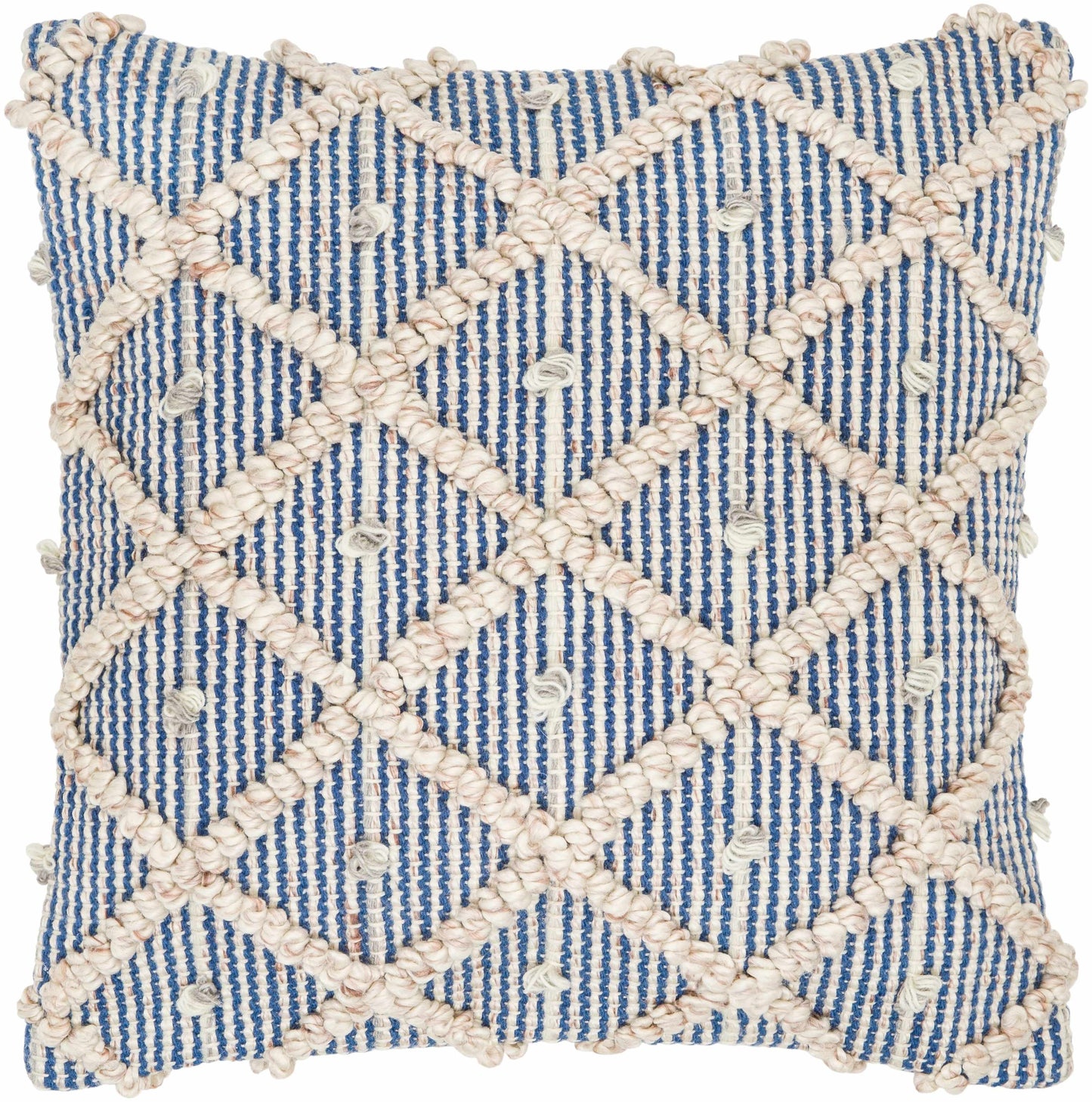 Brivan Blue and Ivory Tufted Diamond Lattice Cottage Recycled PET Yarn Outdoor Safe Accent Pillow