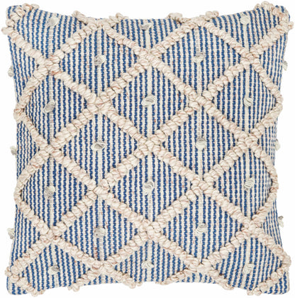 Brivan Blue and Ivory Tufted Diamond Lattice Cottage Recycled PET Yarn Outdoor Safe Accent Pillow