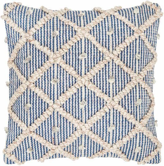 Brivan Blue and Ivory Tufted Diamond Lattice Cottage Recycled PET Yarn Outdoor Safe Accent Pillow
