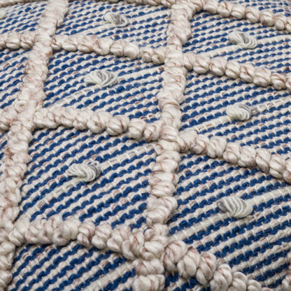 Brivan Blue and Ivory Tufted Diamond Lattice Cottage Recycled PET Yarn Outdoor Safe Accent Pillow
